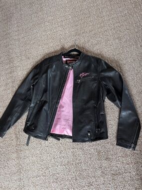 Harley-Davidson Black Leather Bomber Jacket with Pink Logo Accent